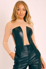 Nude Mesh Black Faux Leather Panel Bodysuit - Reily