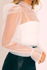 White Mesh High Neck Open Back Blouse - Anthea
