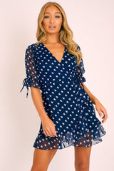 Navy White Heart Print Wrap Front Dress - Selene