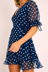 Navy White Heart Print Wrap Front Dress - Selene