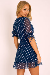 Navy White Heart Print Wrap Front Dress - Selene