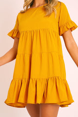 Mustard Smock Tiered Frill Sleeve Mini Dress - Olah