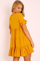 Mustard Smock Tiered Frill Sleeve Mini Dress - Olah