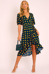 Navy Orange Polka Wrap Midi Dress - Georgeanna