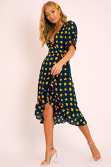 Navy Orange Polka Wrap Midi Dress - Georgeanna