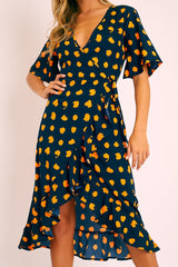 Navy Orange Polka Wrap Midi Dress - Georgeanna
