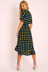 Navy Orange Polka Wrap Midi Dress - Georgeanna