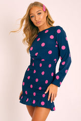 Navy Pink Polka Dot Ruched Shirt Top Dress - Jaila
