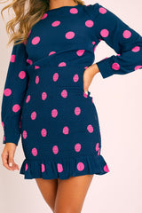 Navy Pink Polka Dot Ruched Shirt Top Dress - Jaila