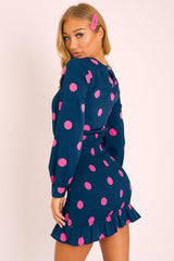 Navy Pink Polka Dot Ruched Shirt Top Dress - Jaila