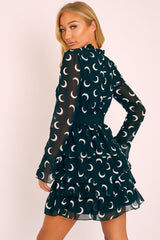 Black Moon Print High Neck Smock Dress - Lella