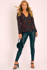 Black Cherry Print Plunge Blouse - Jadzia