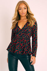 Black Cherry Print Plunge Blouse - Jadzia