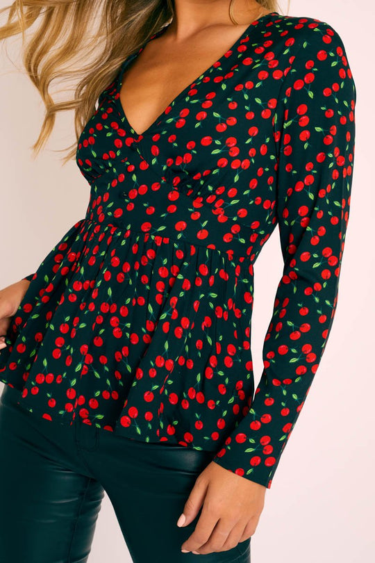 Black Cherry Print Plunge Blouse - Jadzia