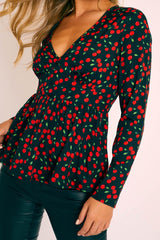 Black Cherry Print Plunge Blouse - Jadzia