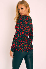 Black Cherry Print Plunge Blouse - Jadzia