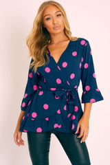 Navy Pink Polka Wrap Belted Blouse - Isha