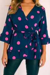 Navy Pink Polka Wrap Belted Blouse - Isha