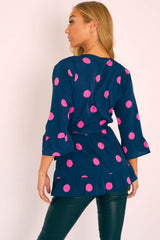 Navy Pink Polka Wrap Belted Blouse - Isha