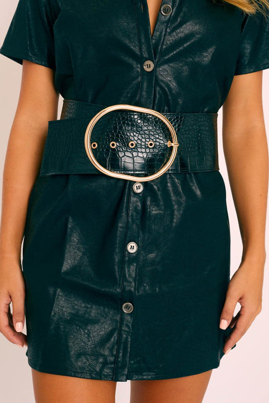 Black Faux Croc Oversized Buckle Waist Belt - Sydni