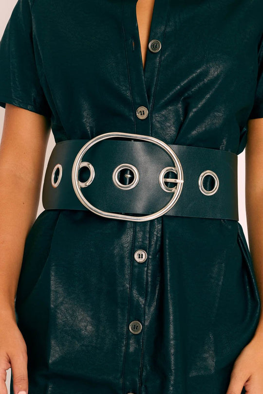 Black Faux Leather Oversized Eyelet Belt - Gala