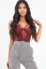 Wine Fishnet Floral Lace Strappy Mesh Bodysuit - Hallee