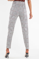 Grey Red Tartan Belted Tailored Trousers - Celena