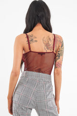 Wine Fishnet Floral Lace Strappy Mesh Bodysuit - Hallee