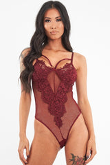Wine Fishnet Floral Lace Strappy Mesh Bodysuit - Hallee