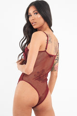Wine Fishnet Floral Lace Strappy Mesh Bodysuit - Hallee