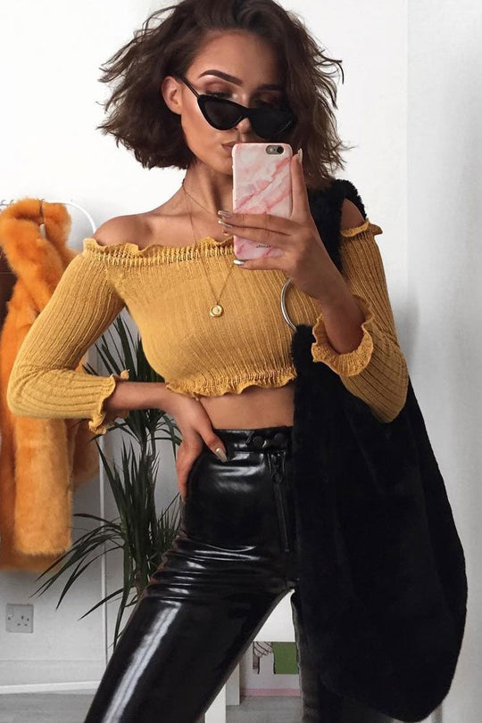 Mustard Knitted Bardot Frill Crop Top - Kesia