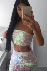 Pink Sequin Boob Tube and Skirt Co ord - Lilia