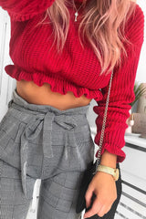 Red Ruffle Hem Chunky Knit Crop Jumper - Alannah