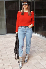 Red Knitted Ruffle Jumper with Elasticated hems - Eve