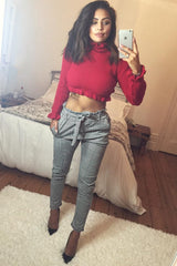 Red Ruffle Hem Chunky Knit Crop Jumper - Alannah