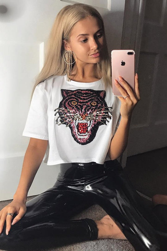 White Cropped Tee with Applique Sequin Tiger - Avery