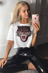 White Cropped Tee with Applique Sequin Tiger - Avery