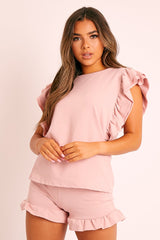 Pink Frill Hem T-shirt Short Loungewear Co-ord - Daleiza
