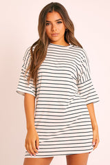 Cream Black Striped T-shirt Dress - Hanaa