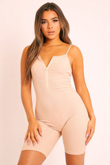 Nude Ribbed Zip Front Unitard Playsuit - Lanay