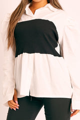 Black Ribbed Panel Puff Sleeve Shirt - Fionna