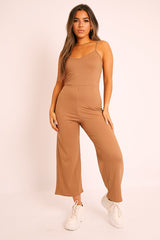 Camel Ribbed Wide Leg Jumpsuit - Elpha
