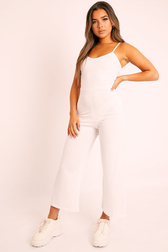 White Ribbed Wide Leg Jumpsuit - Elpha