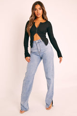 Black Ribbed Zip Front Top - Jamoni