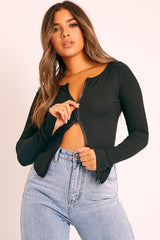 Black Ribbed Zip Front Top - Jamoni