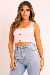 Pink Ribbed Button Front Crop Top - Brihana