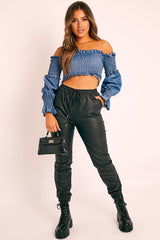 Denim Shirred Wrap Over Bardot Crop Top - Zuri
