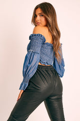 Denim Shirred Wrap Over Bardot Crop Top - Zuri