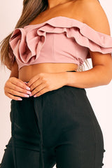 Pink Ruffle Front Bardot Crop Top - Lacie