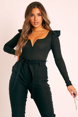 Black Ribbed Plunge Puff Sleeve Bodysuit - Saffy
